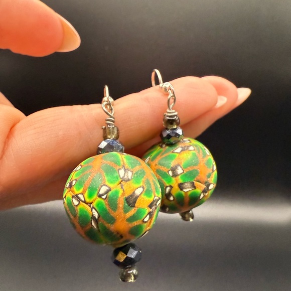 Handcrafted Green and Orange Clay Dangle Earrings Unique Bohemian - Picture 2 of 3